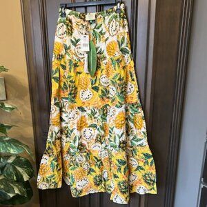 Farm Rio 100% Cotton Biriba Off White Tropical Fruit Pull On Tiered Maxi Skirt